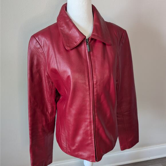 Oleg Cassini Vintage Red Leather Jacket Size Large Collared Zip-Up - Picture 2 of 9